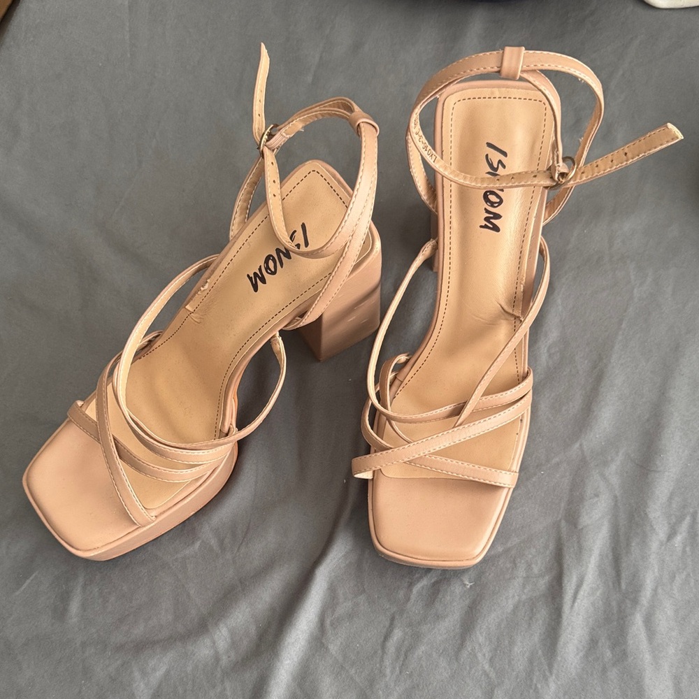 Strappy Square-Toe Block Heels in Blush